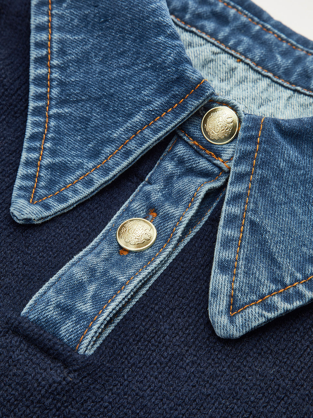 Women’s Denim Collar Jumper with Contrast Cuffs and Button Placket