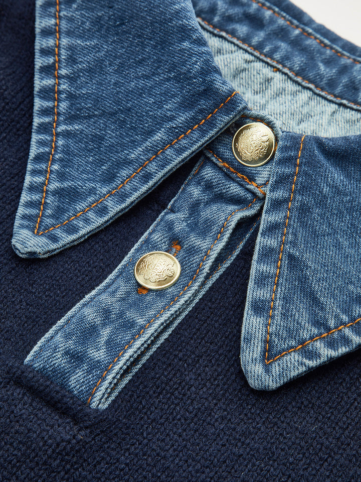 Women’s Denim Collar Jumper with Contrast Cuffs and Button Placket
