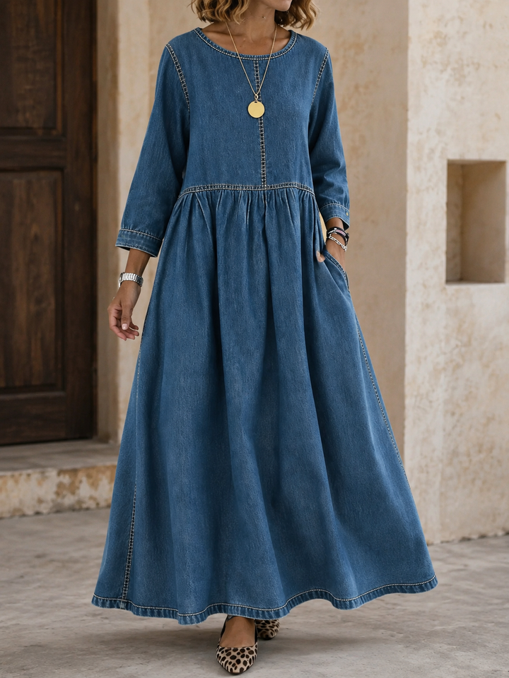 Women’s Denim Maxi Dress with Round Neck and Side Pockets