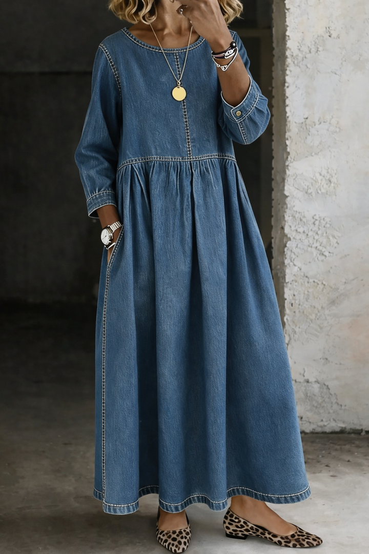 Women’s Denim Maxi Dress with Round Neck and Side Pockets