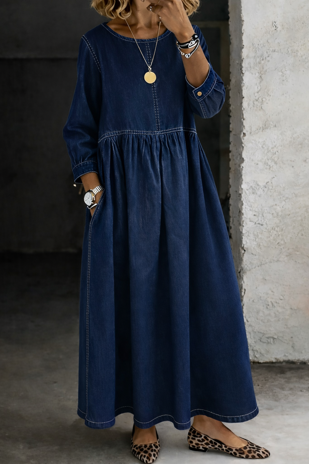 Women’s Denim Maxi Dress with Round Neck and Side Pockets