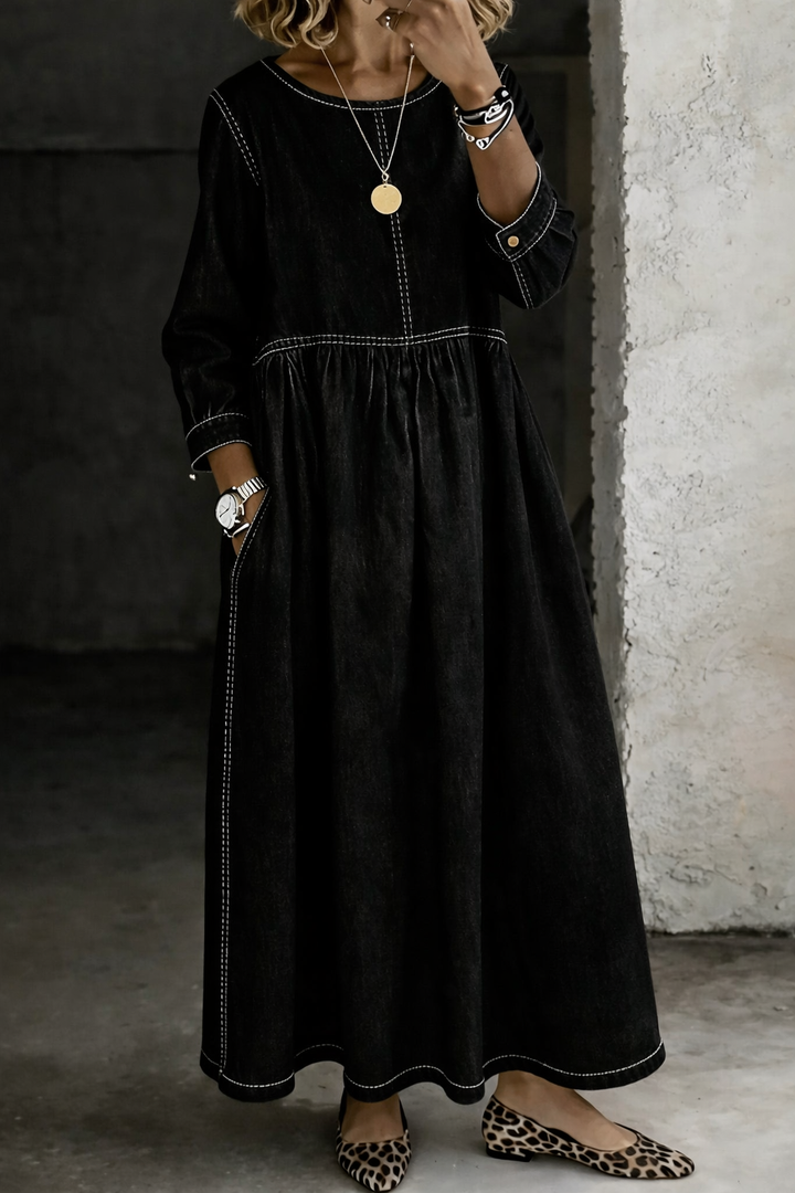 Women’s Denim Maxi Dress with Round Neck and Side Pockets