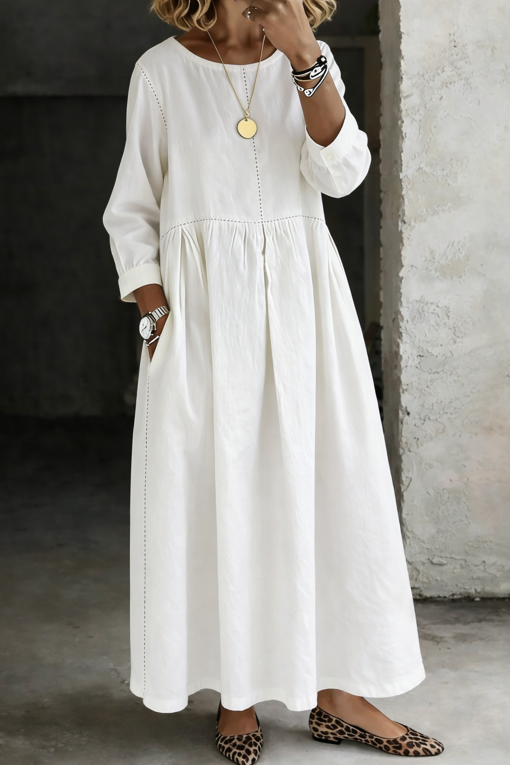 Women’s Denim Maxi Dress with Round Neck and Side Pockets