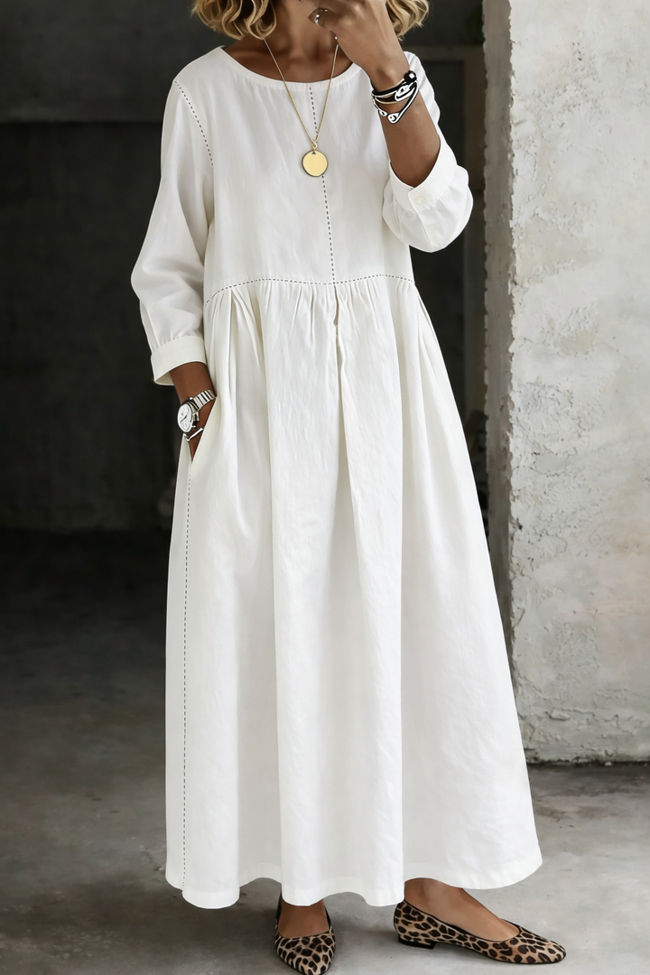 Women’s Denim Maxi Dress with Round Neck and Side Pockets