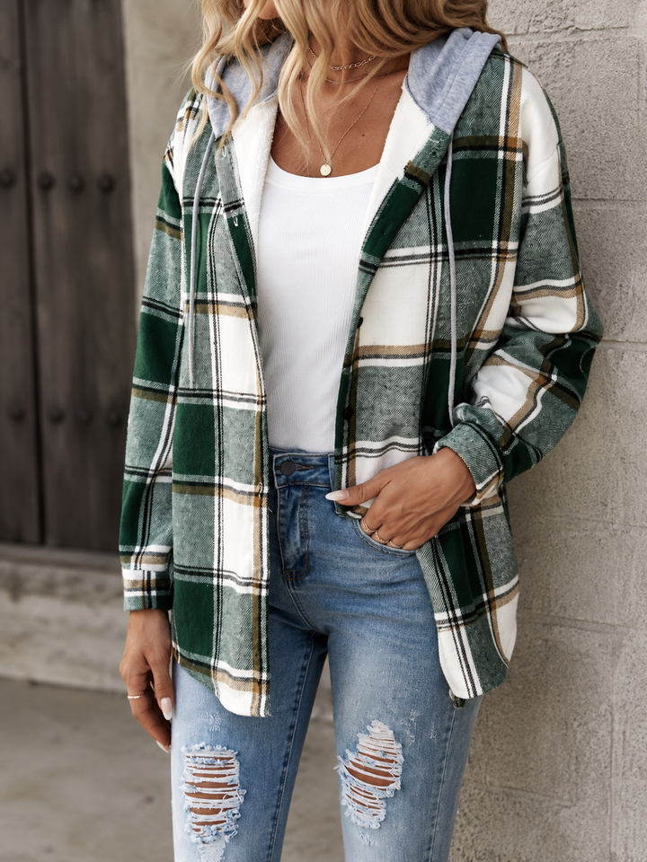 Women’s Flannel Hooded Jacket with Button Front and Chest Pocket