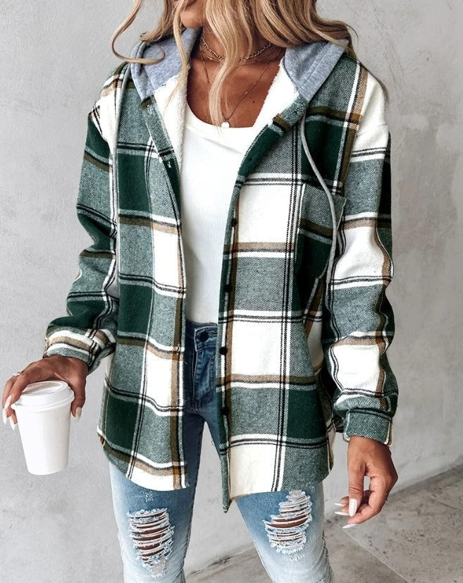 Women’s Flannel Hooded Jacket with Button Front and Chest Pocket