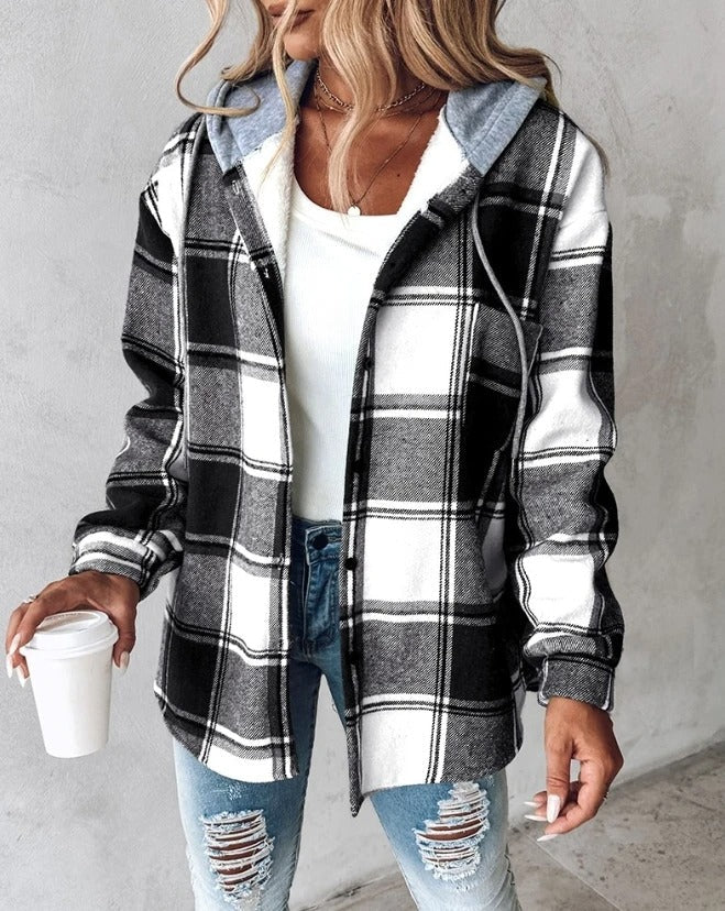Women’s Flannel Hooded Jacket with Button Front and Chest Pocket