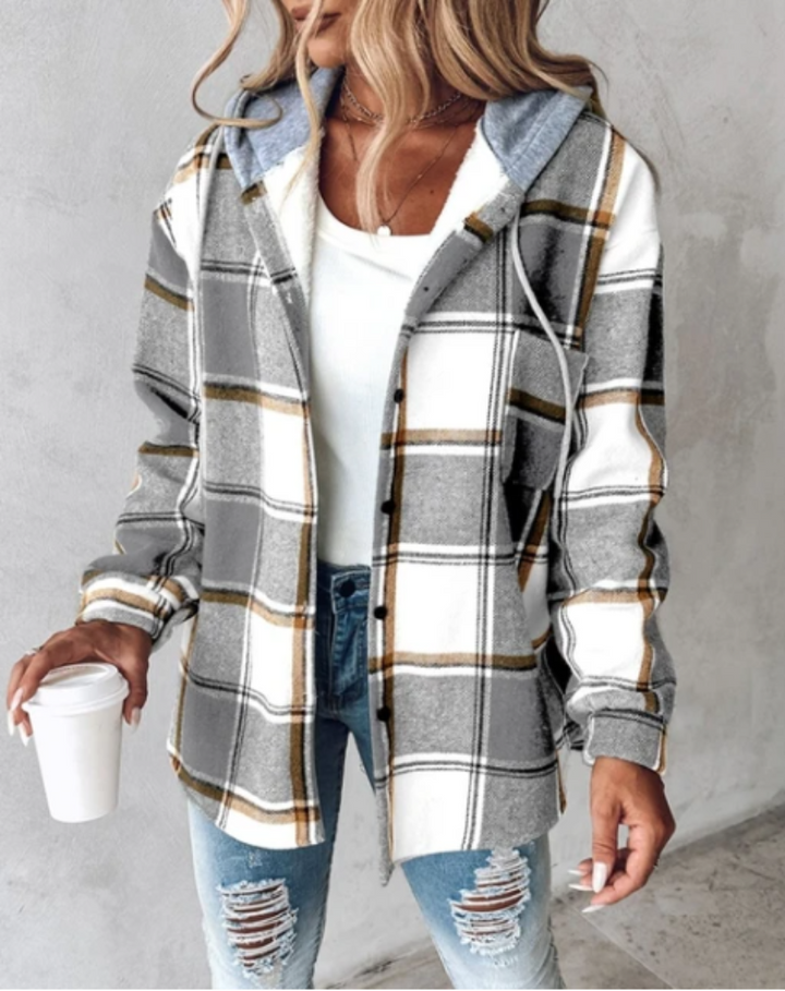 Women’s Flannel Hooded Jacket with Button Front and Chest Pocket