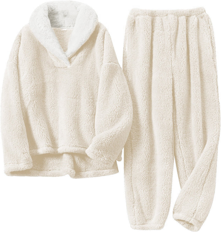 Women’s Fleece Loungewear Set with Contrast Shawl Collar and Cuffed Pants