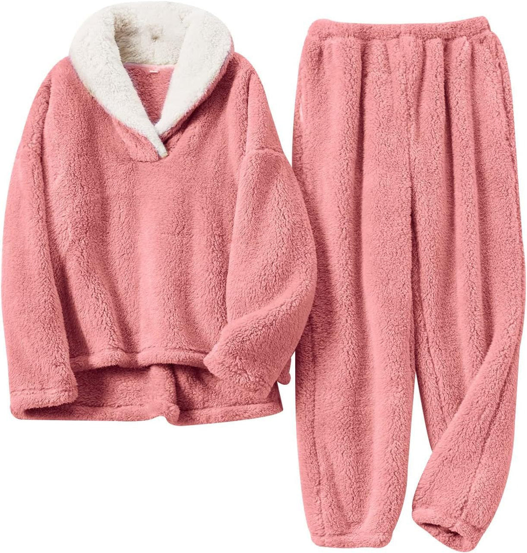 Women’s Fleece Loungewear Set with Contrast Shawl Collar and Cuffed Pants