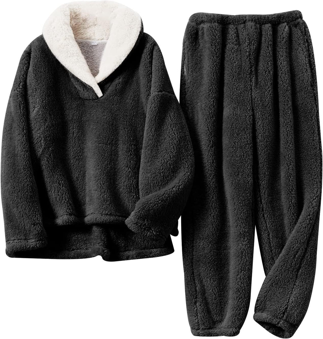 Women’s Fleece Loungewear Set with Contrast Shawl Collar and Cuffed Pants