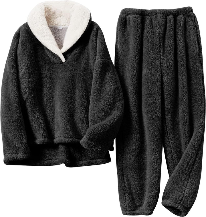Women’s Fleece Loungewear Set with Contrast Shawl Collar and Cuffed Pants