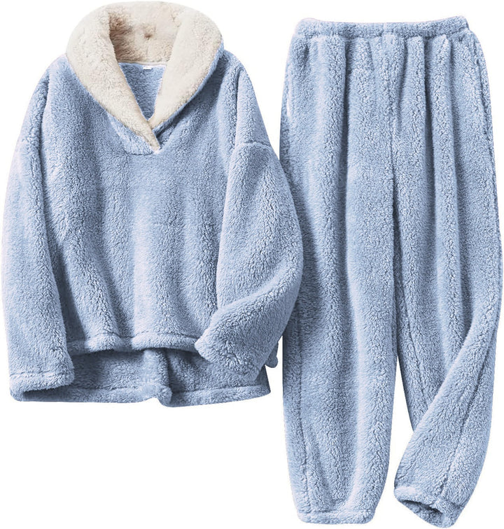 Women’s Fleece Loungewear Set with Contrast Shawl Collar and Cuffed Pants