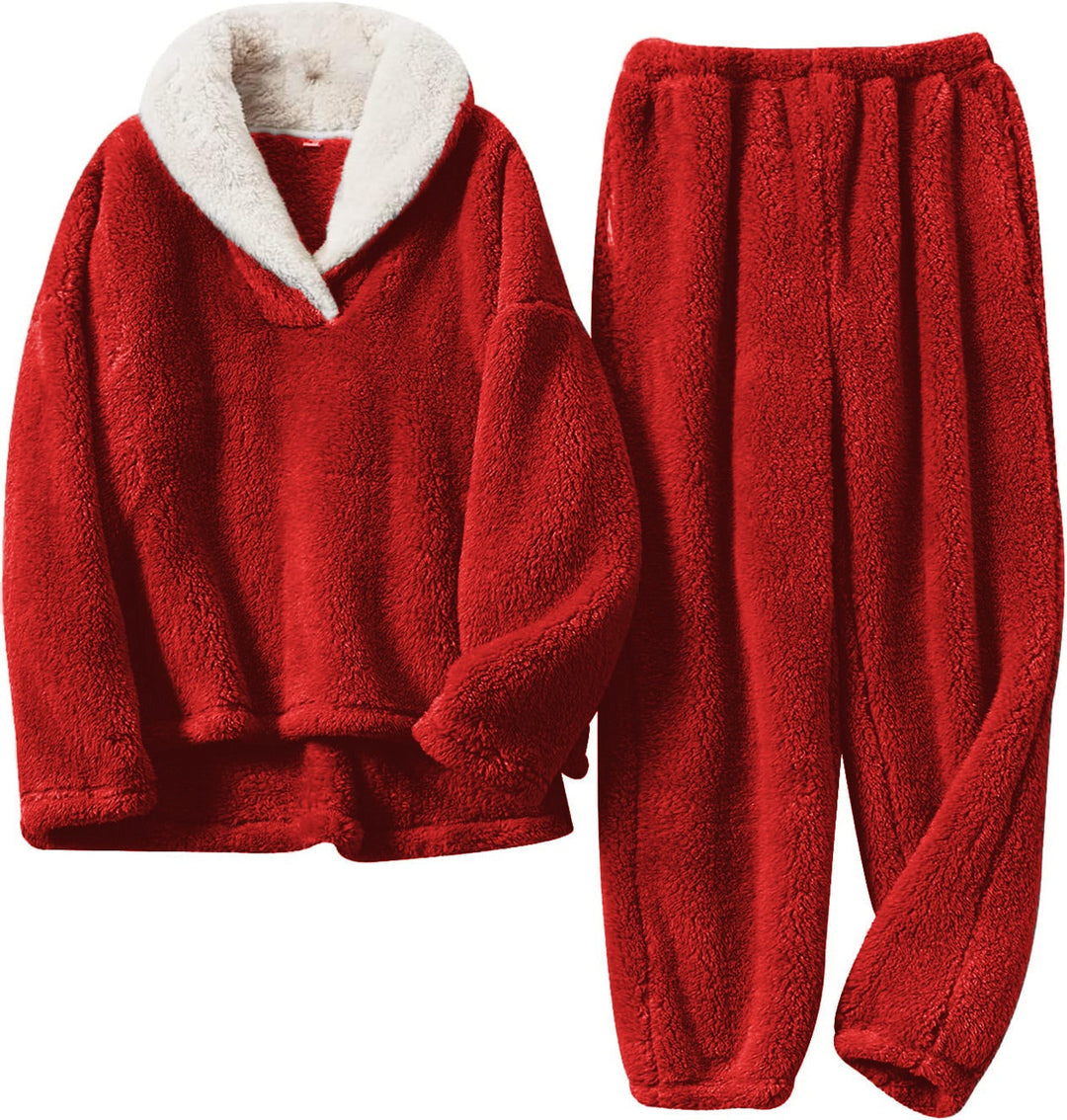 Women’s Fleece Loungewear Set with Contrast Shawl Collar and Cuffed Pants