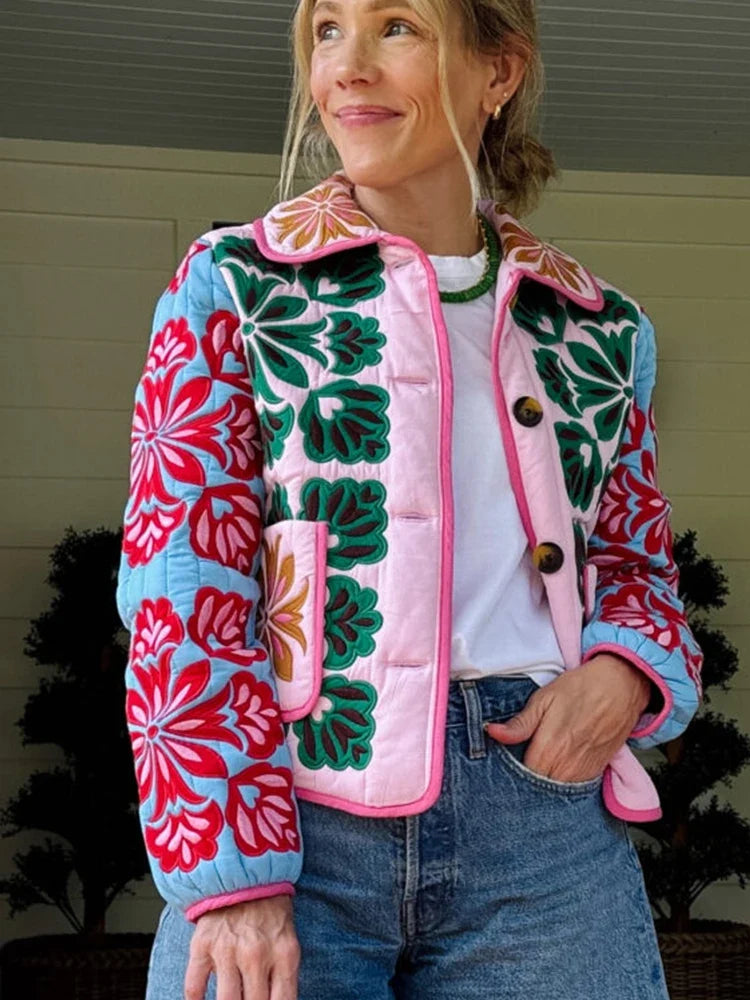 Women’s Floral Coat with Rounded Collar and Patch Pockets