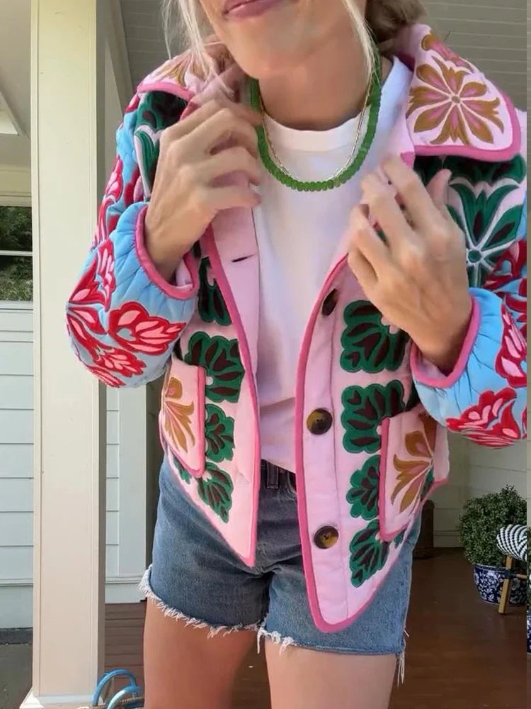 Women’s Floral Coat with Rounded Collar and Patch Pockets