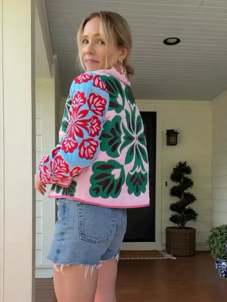 Women’s Floral Coat with Rounded Collar and Patch Pockets