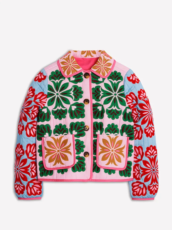 Women’s Floral Coat with Rounded Collar and Patch Pockets