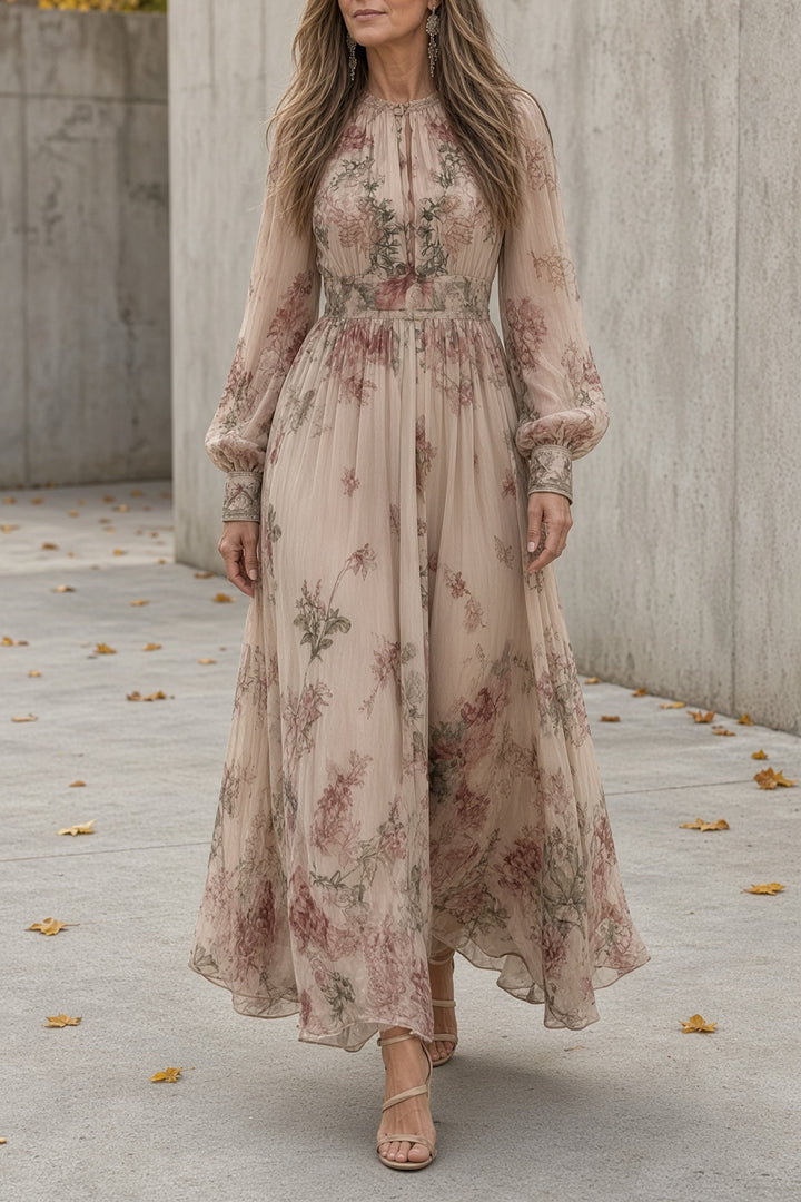 Front view showing round neckline, button placket, long sleeves and ankle-length hem, pink