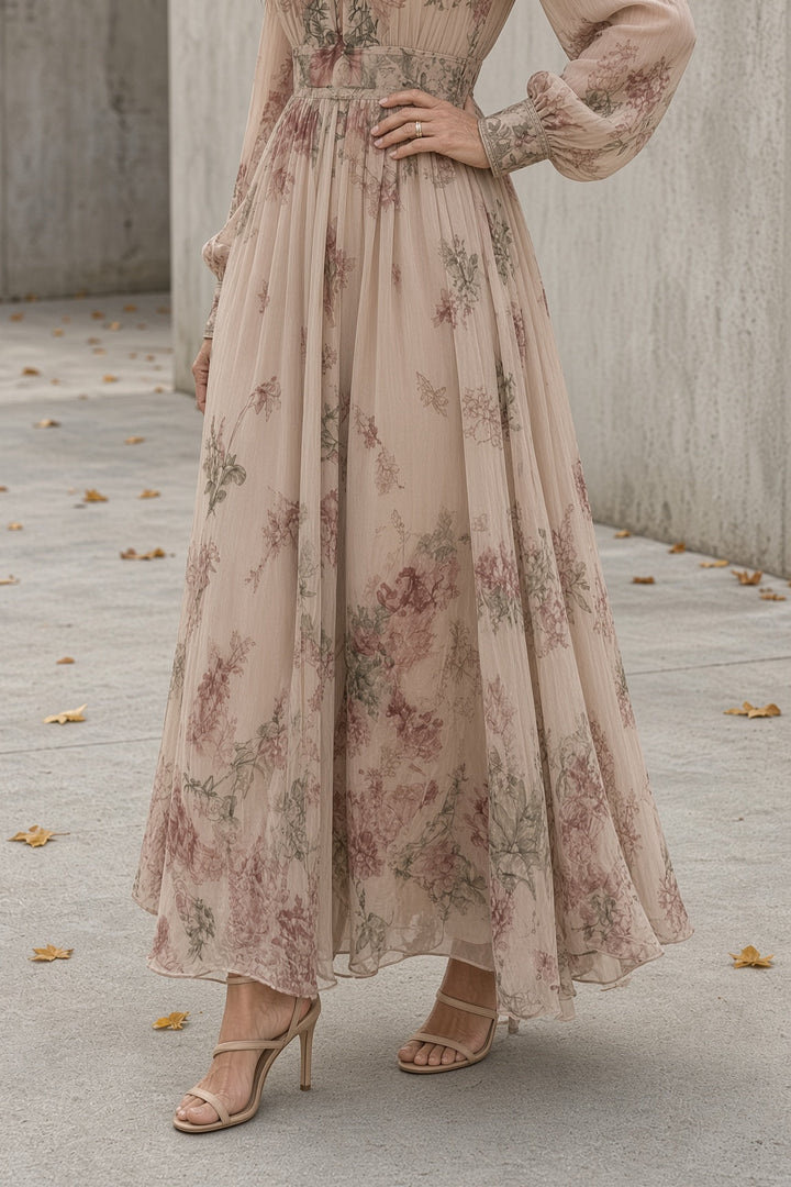 Detail view of banded waist and pleated skirt