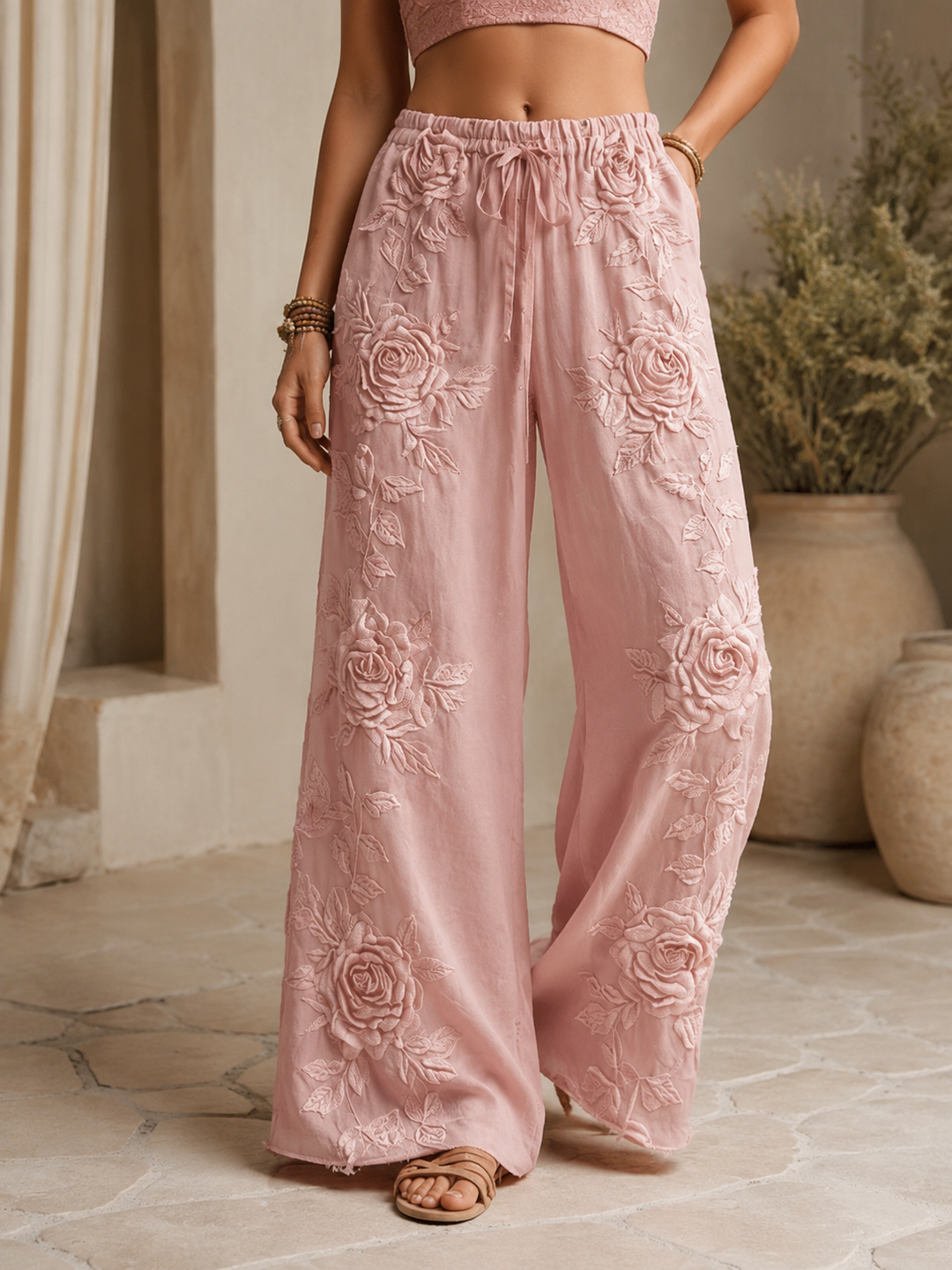 Women’s Floral Wide-Leg Pants with Appliqué Detailing and Side Pockets