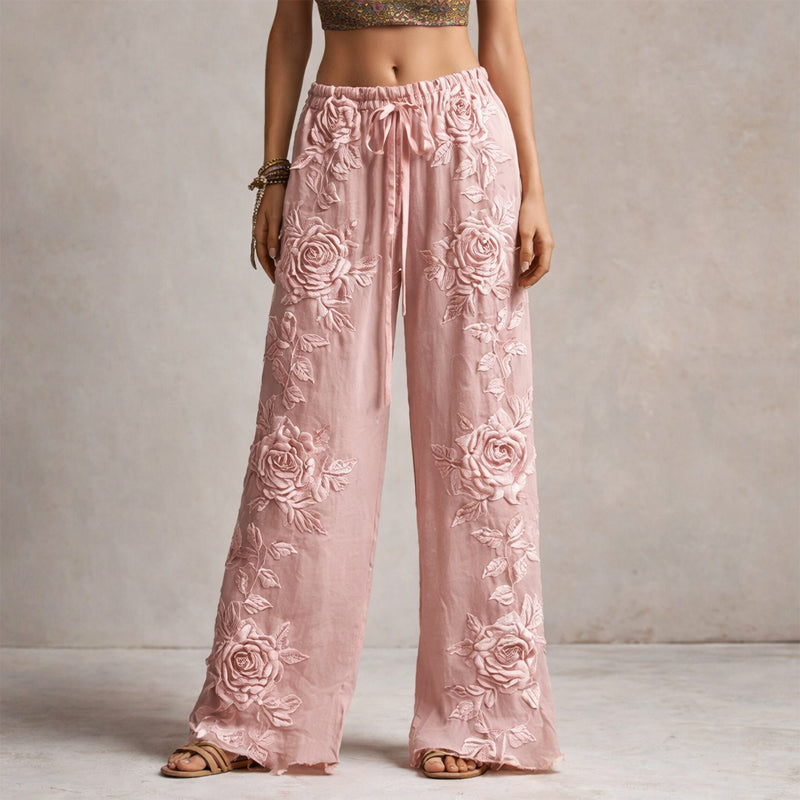 Women’s Floral Wide-Leg Pants with Appliqué Detailing and Side Pockets