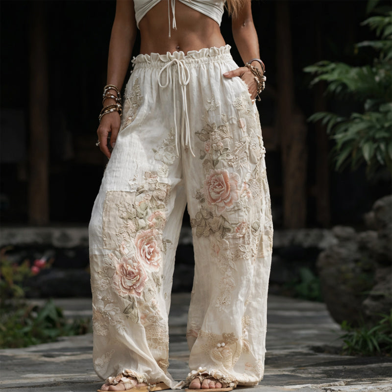 Women’s Floral Wide-Leg Pants with Appliqué Detailing and Side Pockets