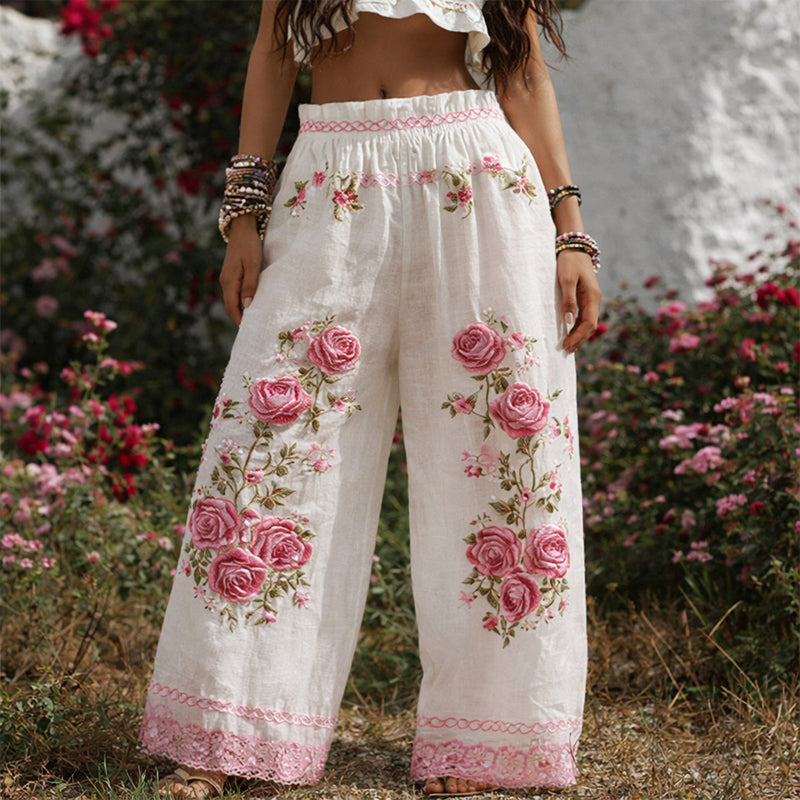Women’s Floral Wide-Leg Pants with Appliqué Detailing and Side Pockets