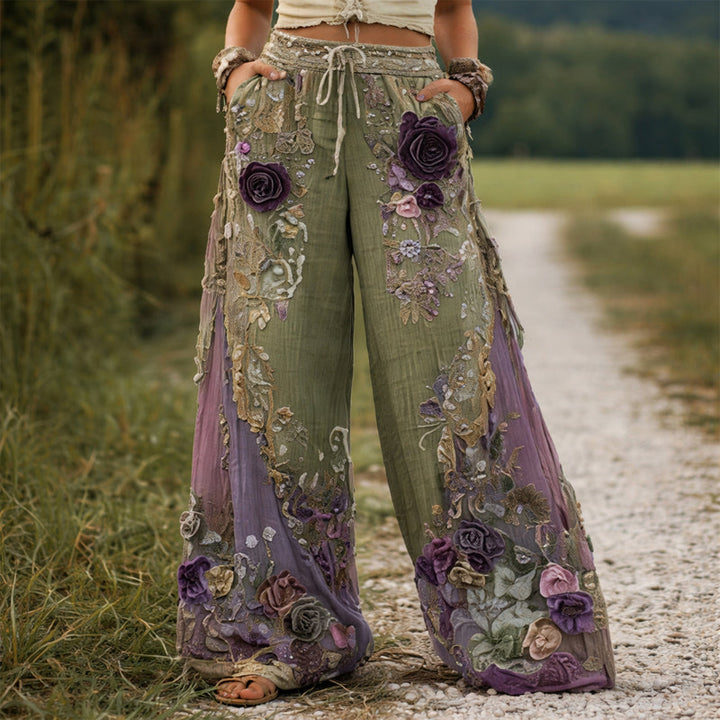 Women’s Floral Wide-Leg Pants with Appliqué Detailing and Side Pockets