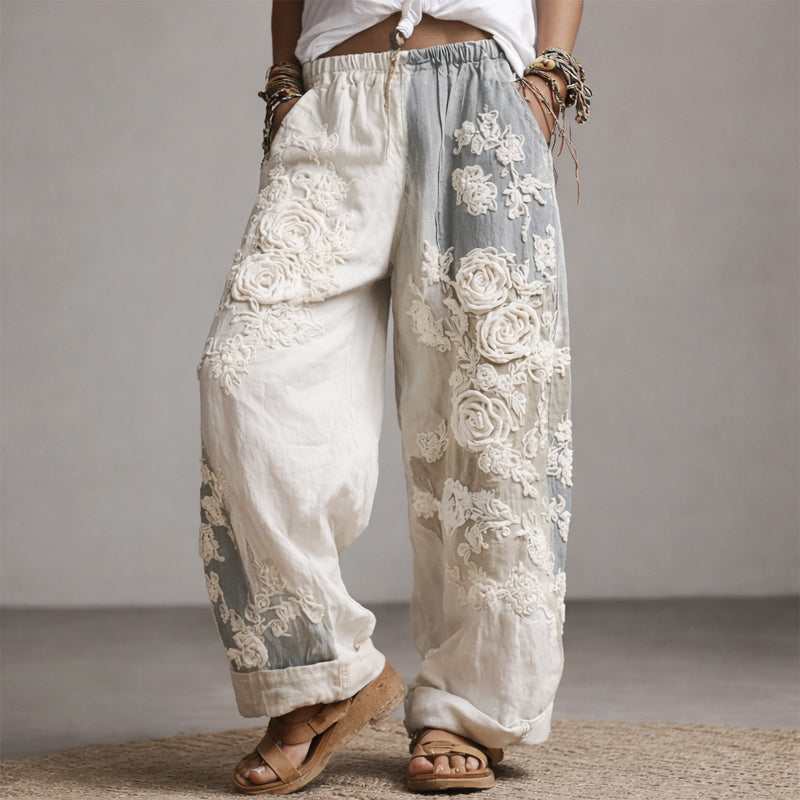 Women’s Floral Wide-Leg Pants with Appliqué Detailing and Side Pockets