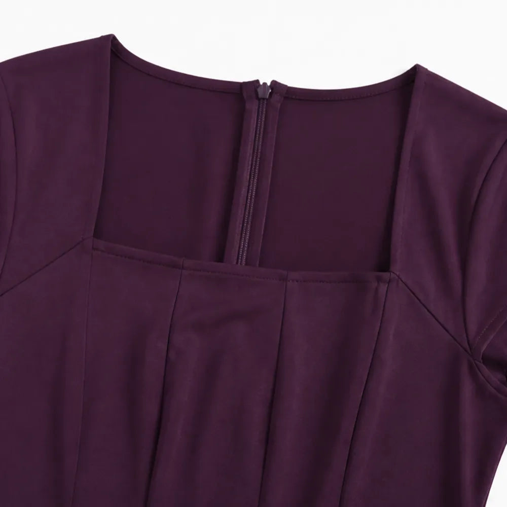 Detail view of square neckline and back zip
