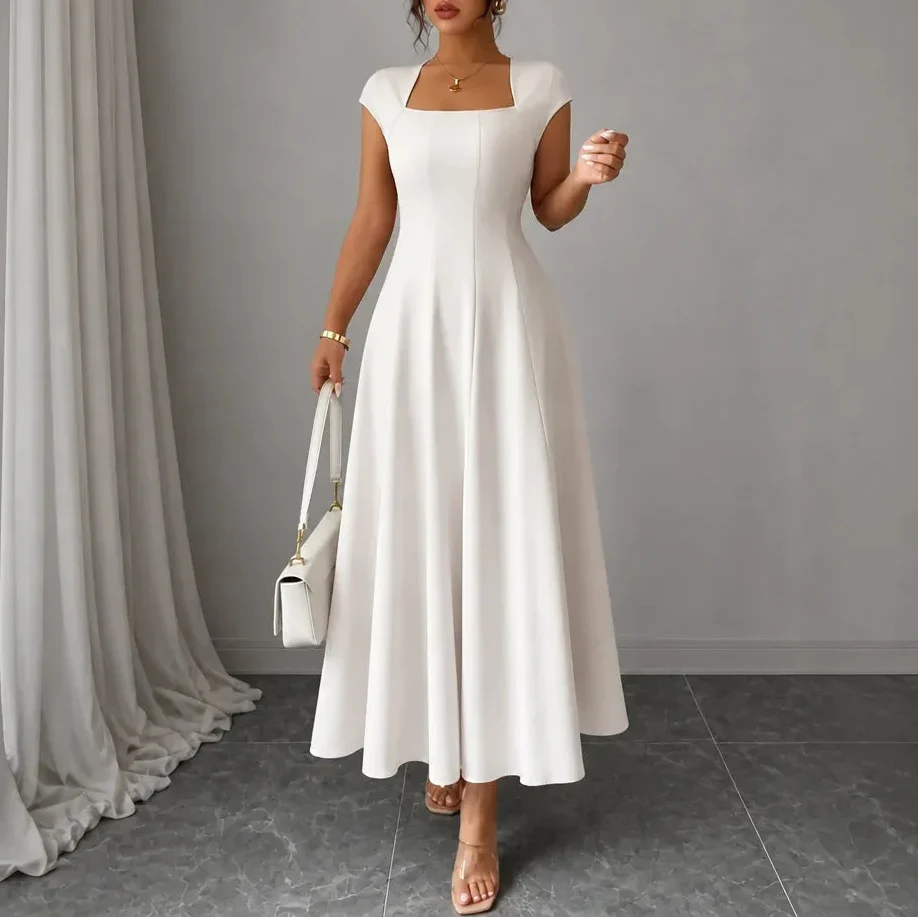 Front view showing square neckline, cap sleeves and skirt, ivory