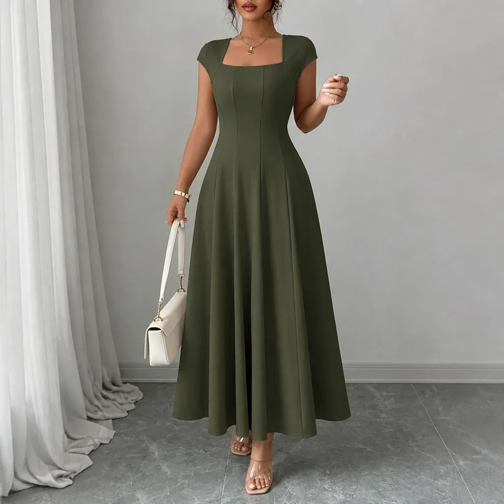 Front view showing square neckline, cap sleeves and skirt, olive green