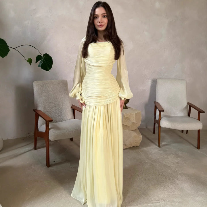 Women’s Formal Dress with Draped Neckline and Pleated Lower Skirt