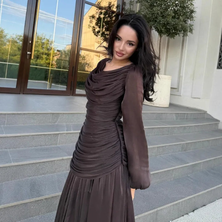 Women’s Formal Dress with Draped Neckline and Pleated Lower Skirt