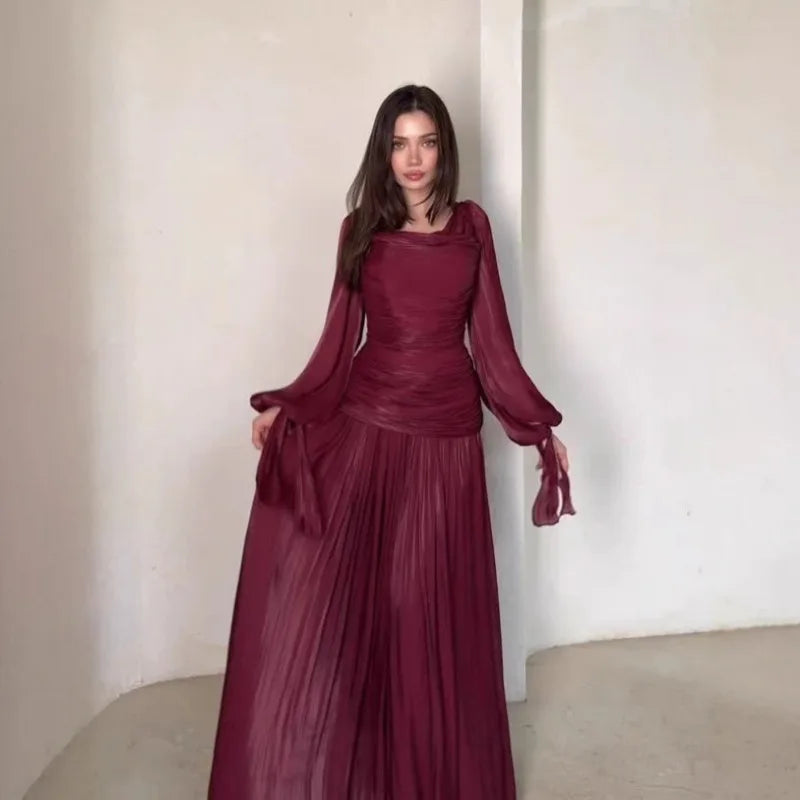 Women’s Formal Dress with Draped Neckline and Pleated Lower Skirt