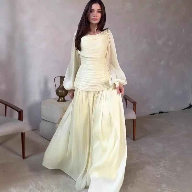 Women’s Formal Dress with Draped Neckline and Pleated Lower Skirt