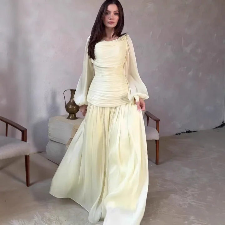 Women’s Formal Dress with Draped Neckline and Pleated Lower Skirt