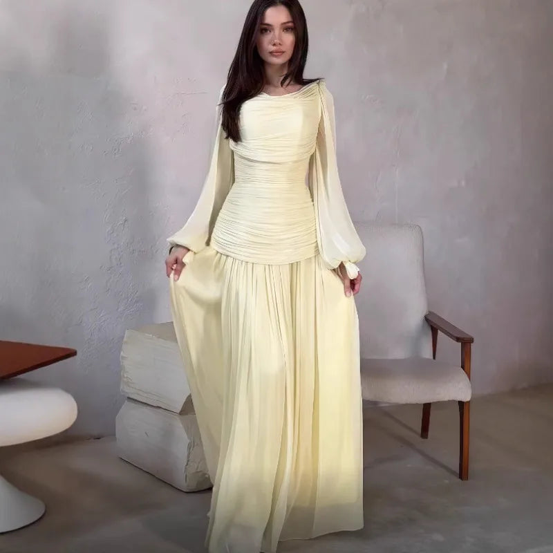 Women’s Formal Dress with Draped Neckline and Pleated Lower Skirt