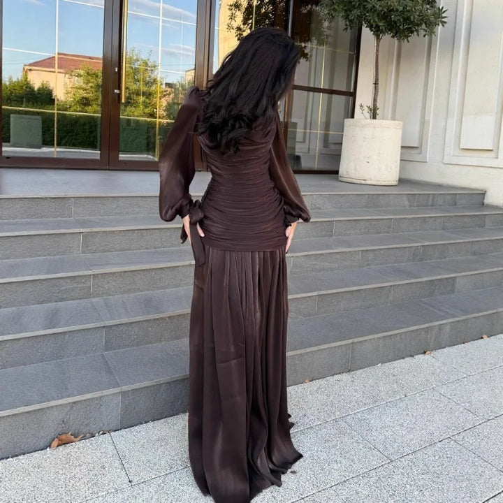 Women’s Formal Dress with Draped Neckline and Pleated Lower Skirt