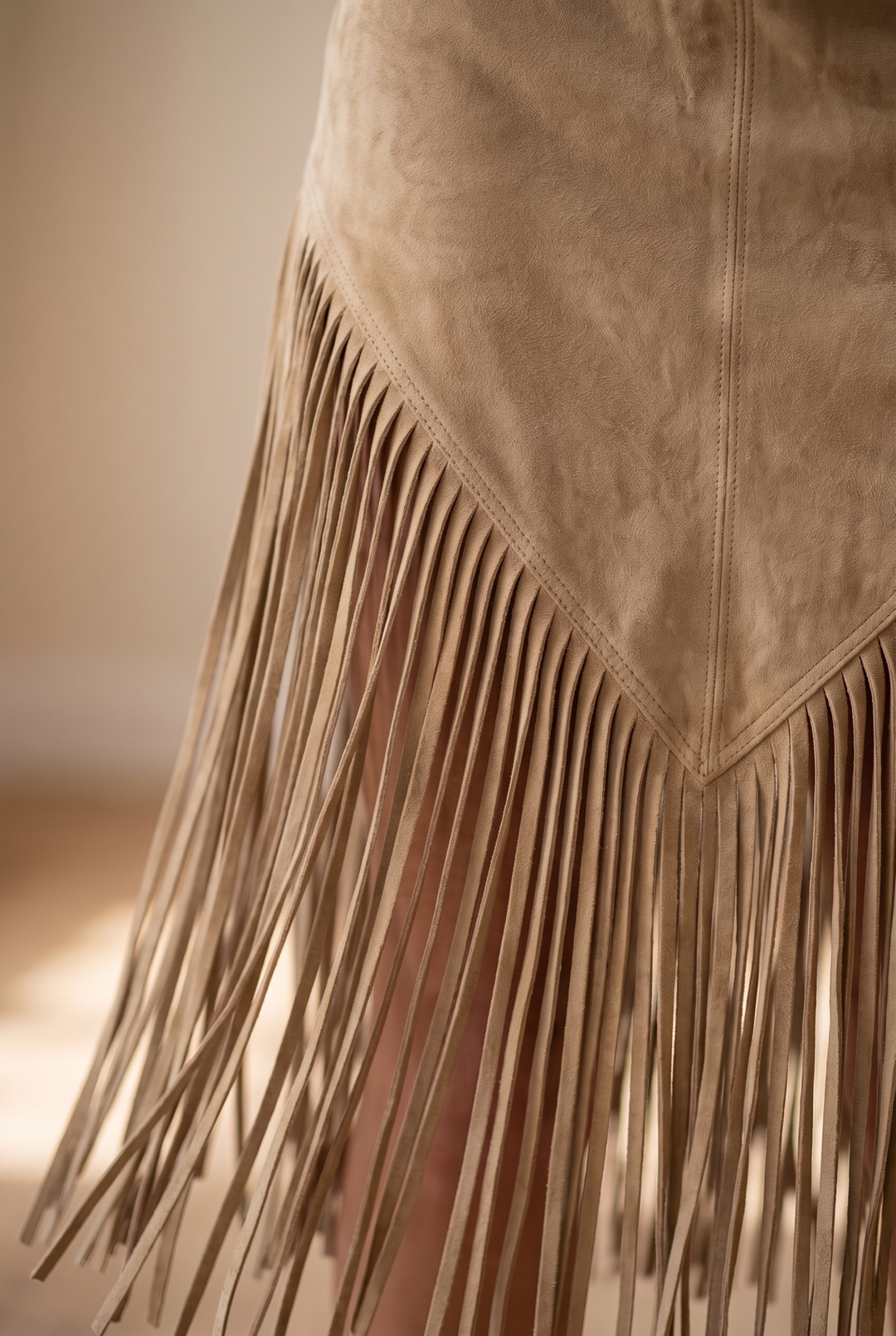 Detail view of pointed skirt panel and fringe