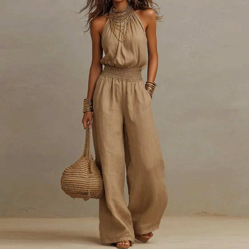 Women’s Halter Neck Jumpsuit with Smocked Waist and Wide-Leg Pants