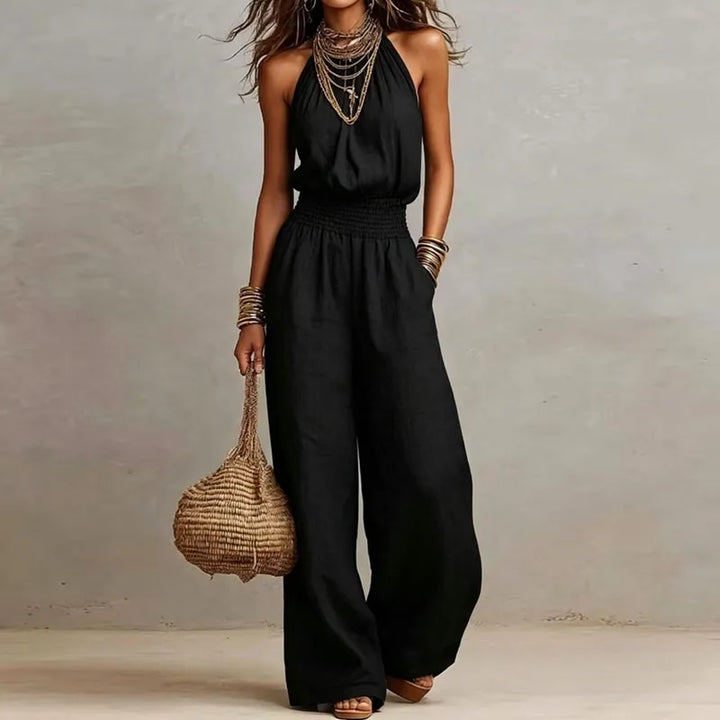 Women’s Halter Neck Jumpsuit with Smocked Waist and Wide-Leg Pants
