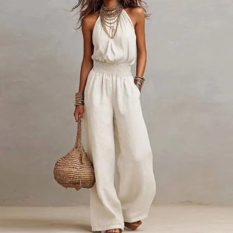 Women’s Halter Neck Jumpsuit with Smocked Waist and Wide-Leg Pants