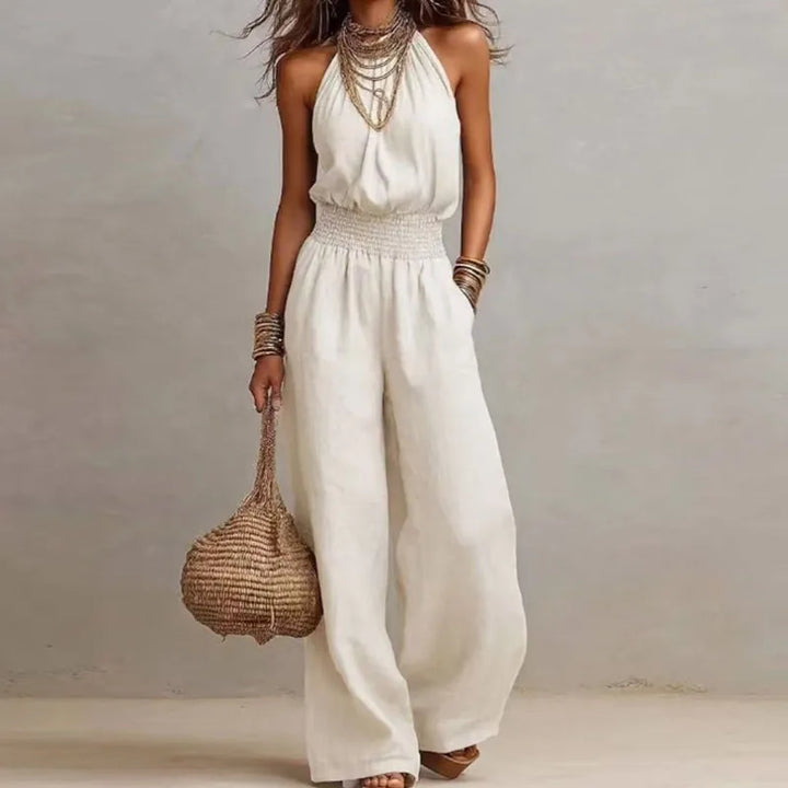 Women’s Halter Neck Jumpsuit with Smocked Waist and Wide-Leg Pants