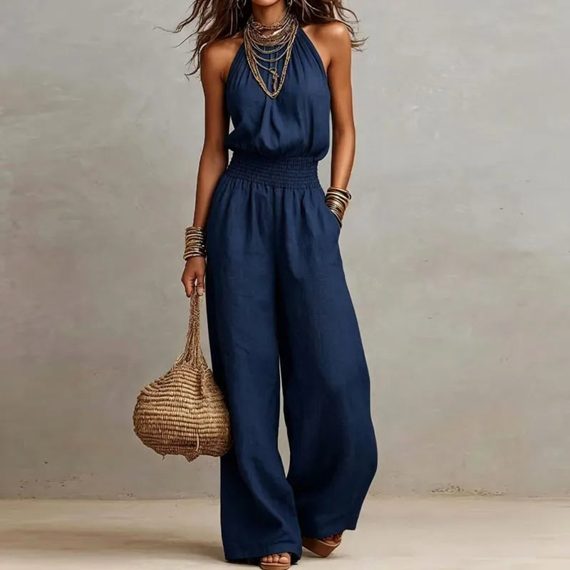 Women’s Halter Neck Jumpsuit with Smocked Waist and Wide-Leg Pants