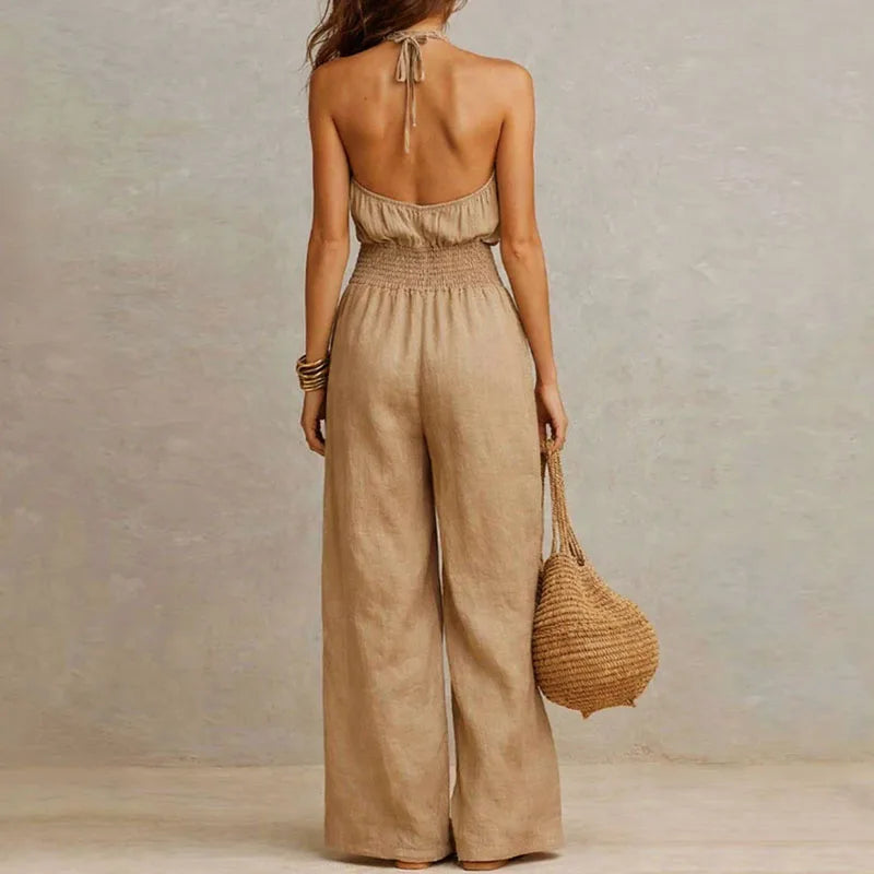 Women’s Halter Neck Jumpsuit with Smocked Waist and Wide-Leg Pants