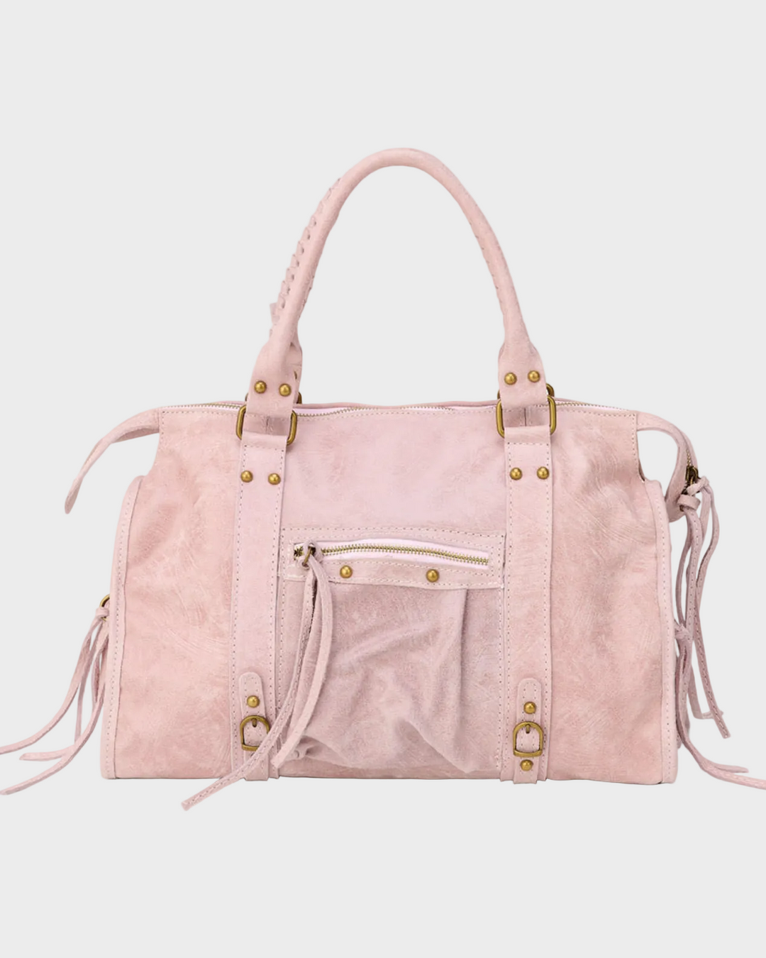 Front view showing top handles, front zip pocket and side straps