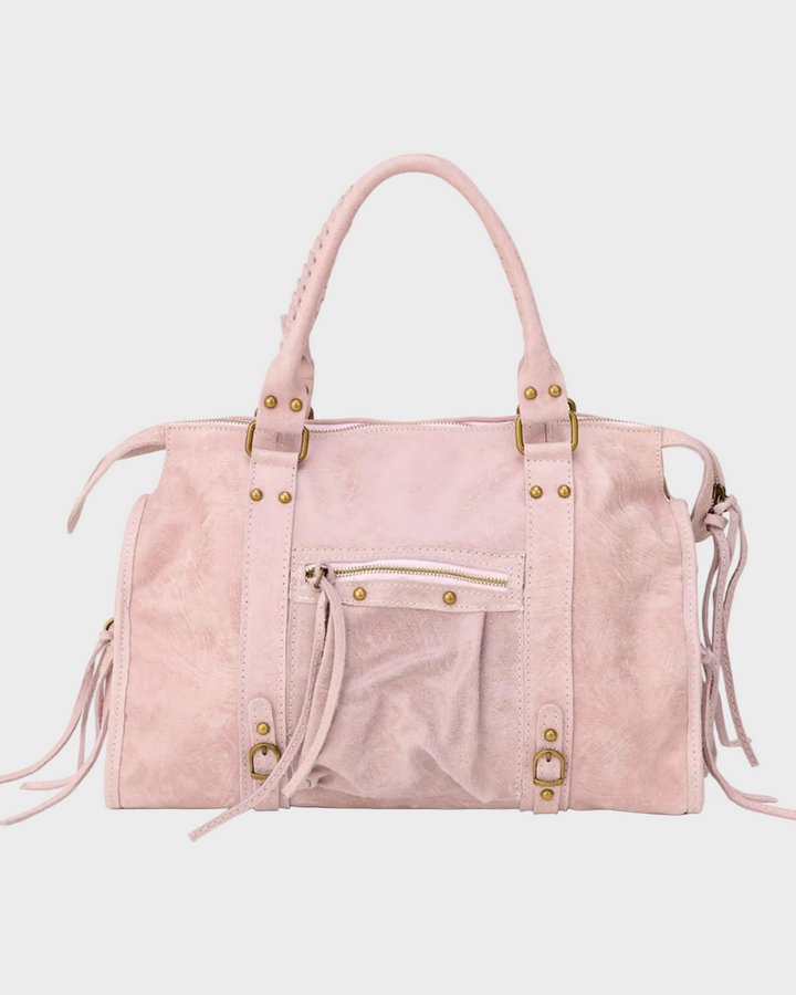 Front view showing top handles, front zip pocket and side straps