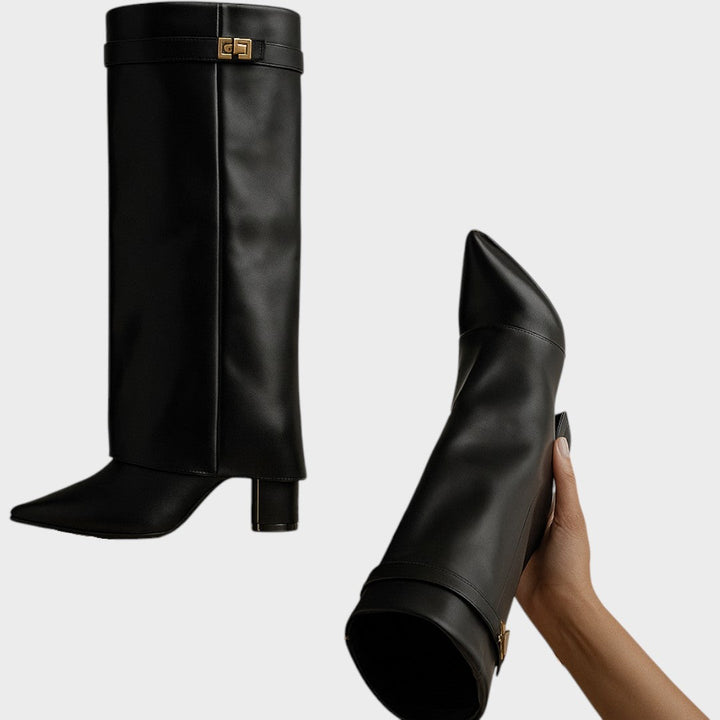 Front view of fold-over shaft boot with twist-lock strap, pointed toe and wedge heel